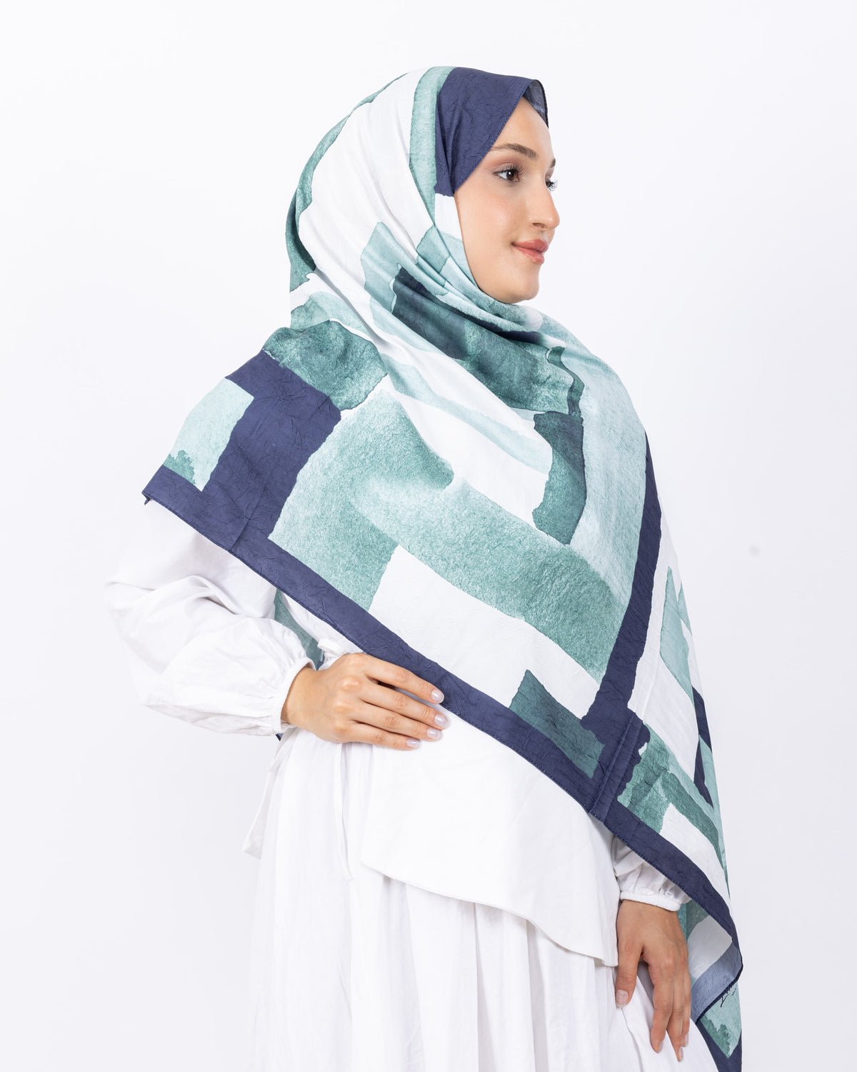 Mikro Bambu Kraş Şal D026 Lacivert Mint Yeşili