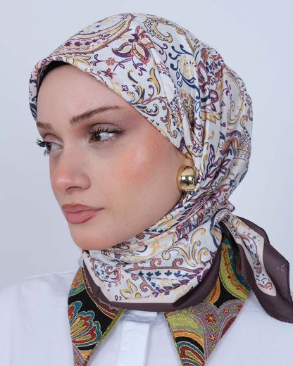 Vual İpek Eşarp D112 Kahve-Sarı – yakından desen ve renk detayı